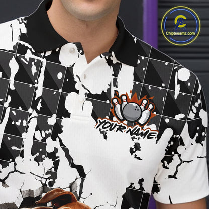 Bowling-themed shirt with a design and 'Your Name' text, worn by a person.