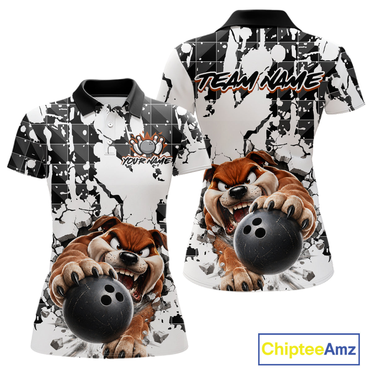 Polo shirt with cartoon dog holding bowling balls and 'Team Name' text on a white background