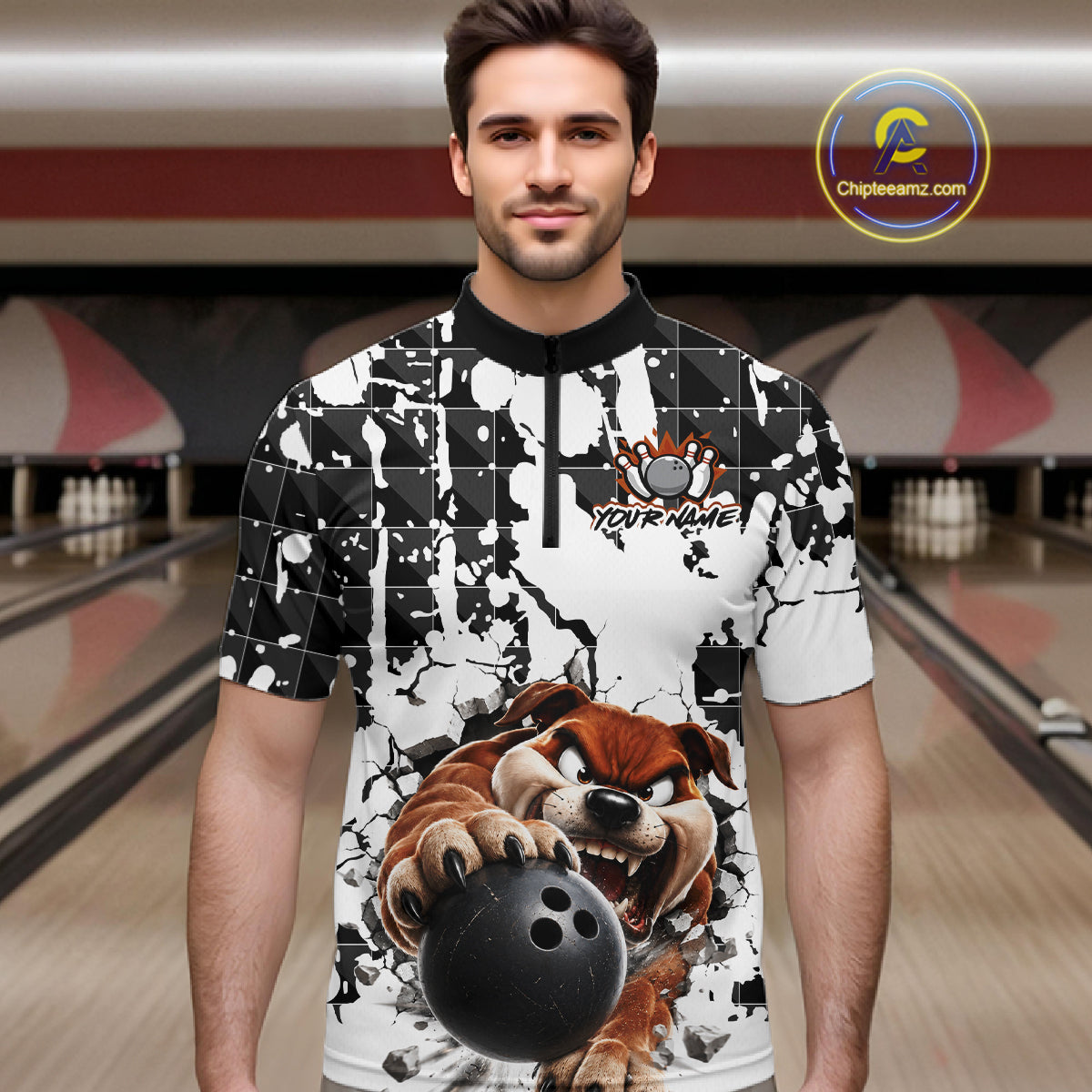 Man wearing a custom bowling shirt with a bulldog graphic in a bowling alley.