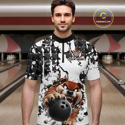 Man wearing a custom bowling shirt with a bulldog graphic in a bowling alley.