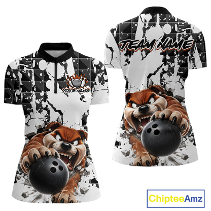 Two views of quarter-zip shirts with a cartoon dog holding a bowling ball design on a white background, featuring 'Team Name' text.