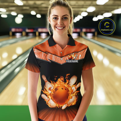 Orange Flame Bowling Team Shirt Customized Polo & Quarter-Zip Bowling Team Jersey for Women QZT838