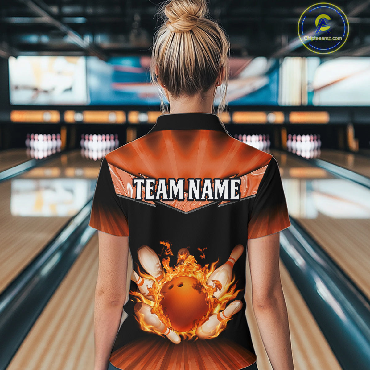 Orange Flame Bowling Team Shirt Customized Polo & Quarter-Zip Bowling Team Jersey for Women QZT838