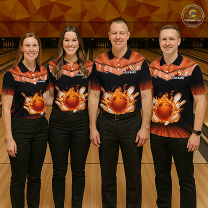 Orange Flame Bowling Team Shirt Customized Polo & Quarter-Zip Bowling Team Jersey for Men QZT838