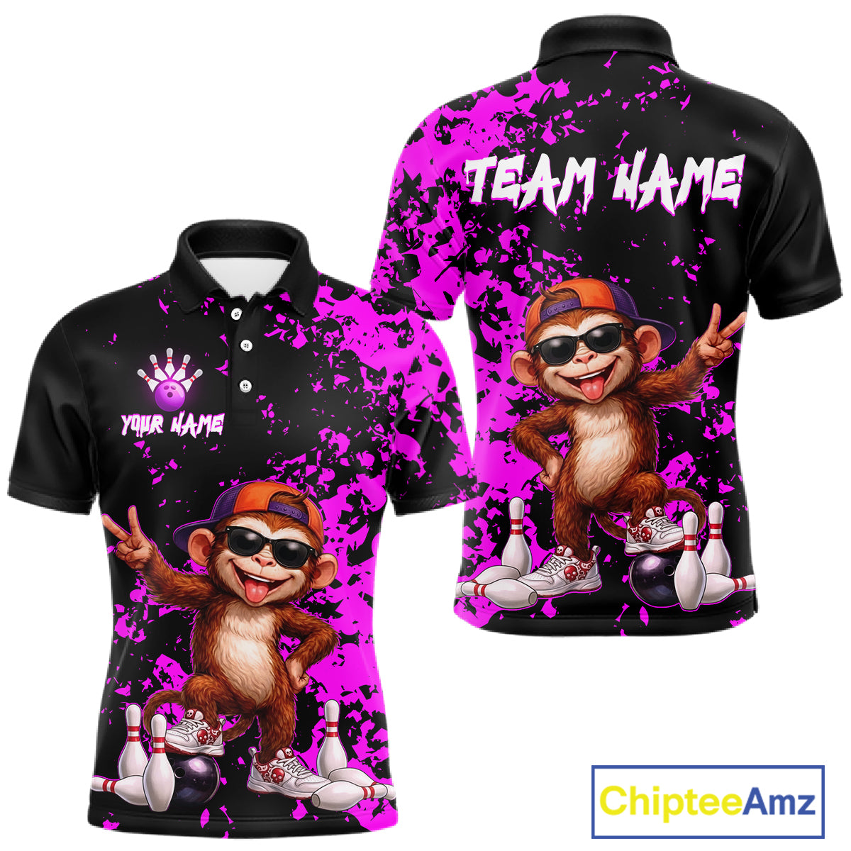 Customizable black short-sleeve polo shirt with a bright purple paint splatter design, featuring a cartoon monkey wearing sunglasses and an orange cap, bowling pins, and bowling balls. The front shows a white placeholder logo and text, displaying Your Name and Team Name