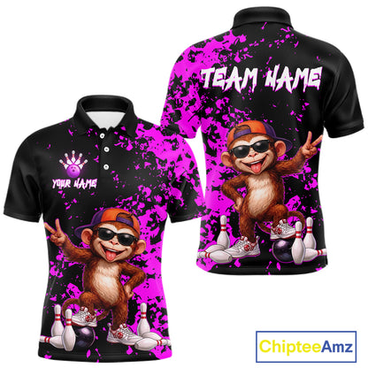 Customizable black short-sleeve polo shirt with a bright purple paint splatter design, featuring a cartoon monkey wearing sunglasses and an orange cap, bowling pins, and bowling balls. The front shows a white placeholder logo and text, displaying Your Name and Team Name