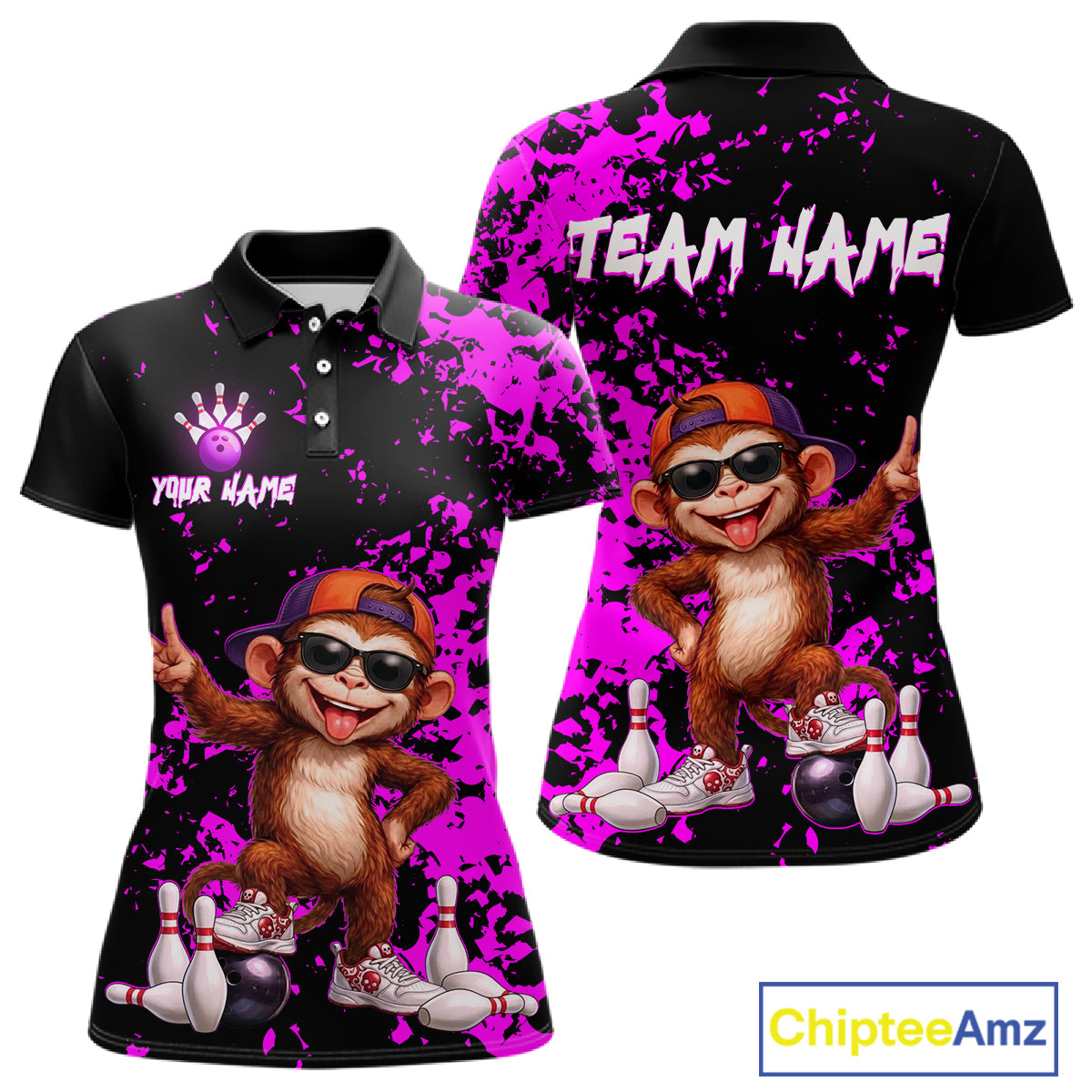 Custom black and bright pink splatter-print polo shirts shown from the front and back, featuring a cartoon bowling monkey graphic, 'TEAM NAME' text on the back, and 'YOUR NAME' on the front, with a ChipteeAmz logo in the corner.