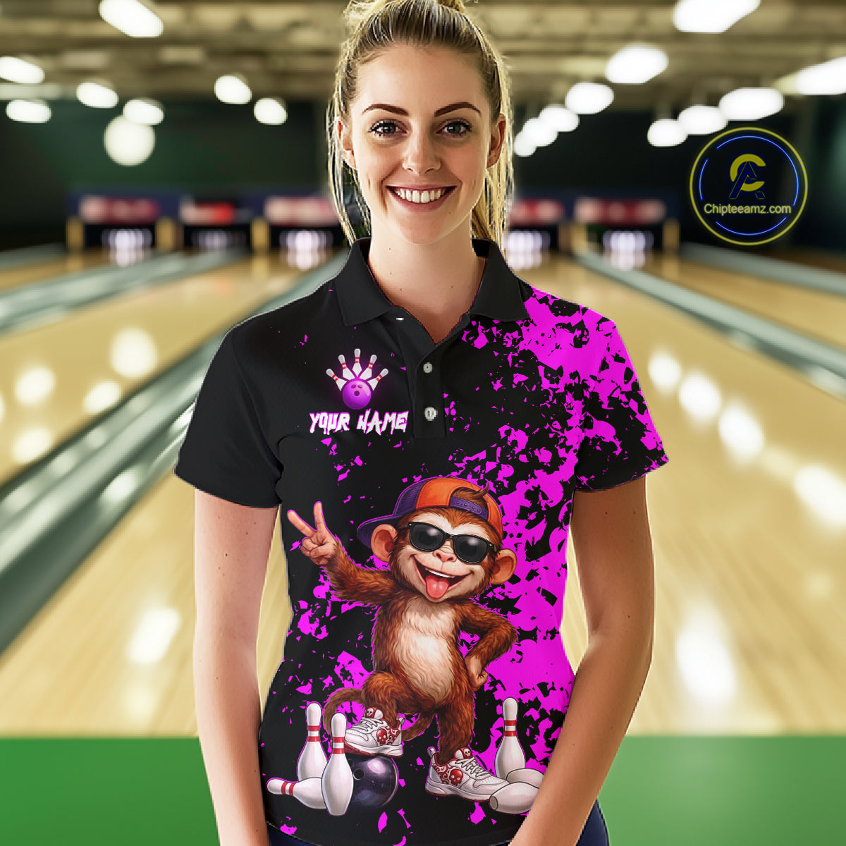 Custom Purple Funny Monkey Bowling Shirt Bowling League Jersey for Women Bowling Polo & Quarter-Zip QZT888