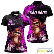 Load image into Gallery viewer, Custom black and bright pink splatter-print polo shirts shown from the front and back, featuring a cartoon bowling monkey graphic, 'TEAM NAME' text on the back, and 'YOUR NAME' on the front, with a ChipteeAmz logo in the corner.