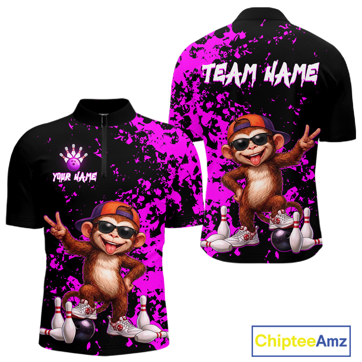 Front and back views of a black short-sleeve zip-up polo shirt with a bright purple paint splatter design and a cartoon monkey wearing sunglasses and an orange cap, with customizable text areas on the chest and back.