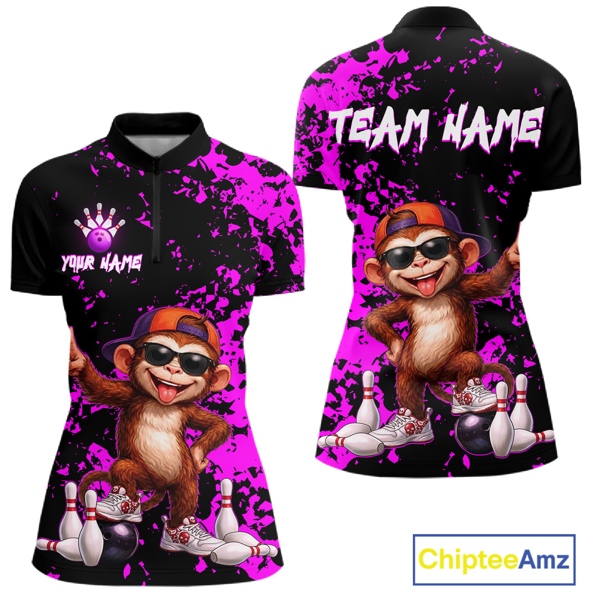 Front and back views of a women's short-sleeve polo shirt with a black base, bright purple paint splatter pattern, and a cartoon monkey graphic wearing sunglasses and an orange cap, surrounded by bowling pins and balls. The front shows 'YOUR NAME' and a bowling pin icon, and the back shows 'TEAM NAME' in white.