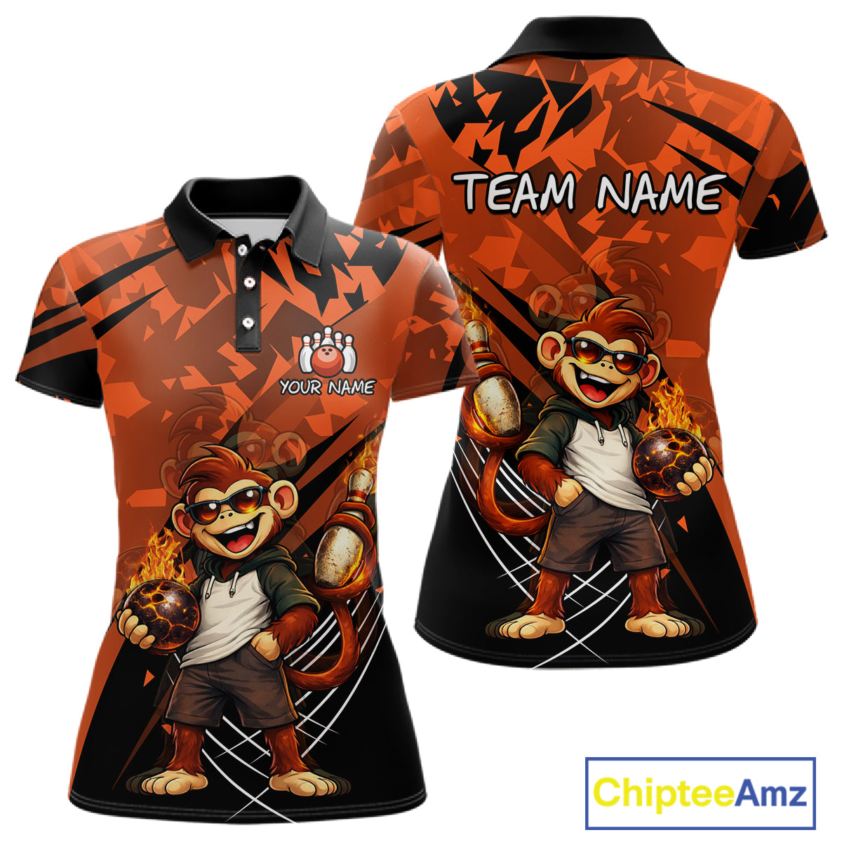 Front and back views of a short-sleeve polo shirt with an all-over graphic print featuring a cartoon monkey mascot holding a bowling ball, on a black and orange abstract background, displaying Your Name and Team Name