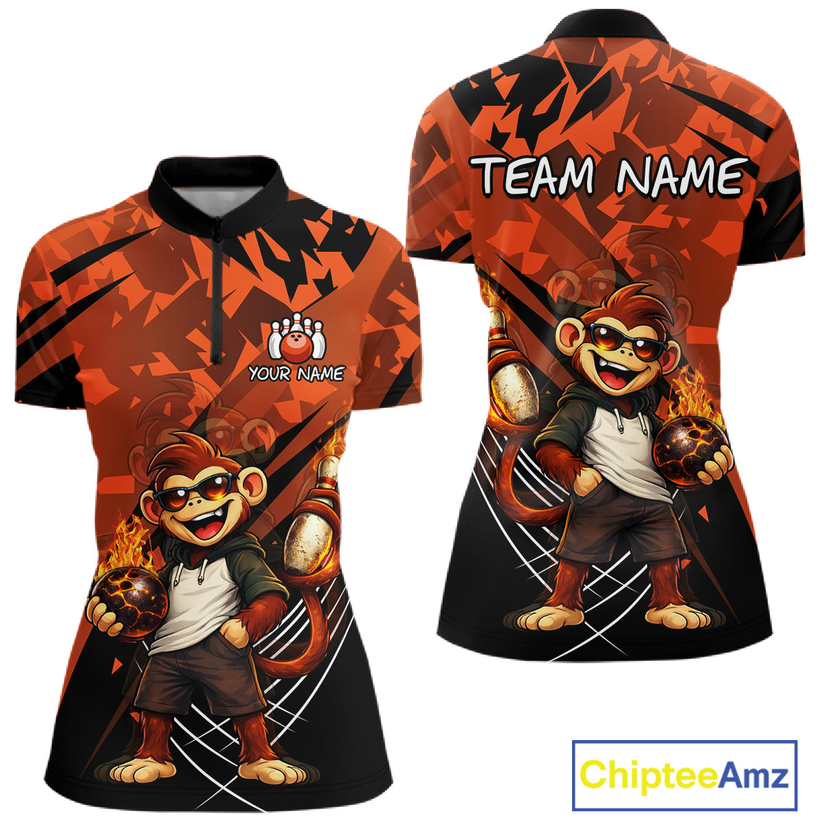 Front and back views of a short-sleeve collared athletic jersey with a red, orange, and black abstract background, featuring a cartoon monkey graphic holding a basketball and customizable text areas on the chest and back. A ChipteeAmz logo is visible in the bottom right corner.