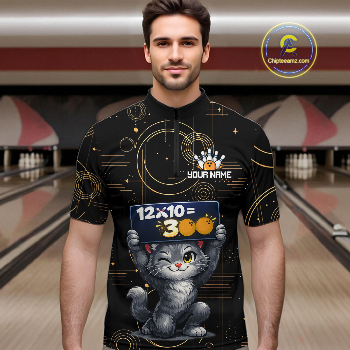 Custom Funny Cat Bowling Math Shirt Polo & 1/4-Zip Bowling League Jersey Bowling Outfit for Men QZT927