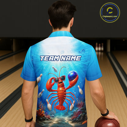 Person wearing a blue bowling shirt with a lobster design and 'TEAM NAME' text in a bowling alley.