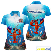 Load image into Gallery viewer, Polo shirt with a lobster design on a blue ocean background, featuring 'Chiptee Amz' branding.