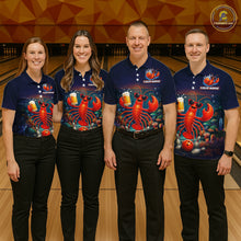 Load image into Gallery viewer, Four people wearing matching bowling shirts with lobster and beer graphics on a bowling alley.