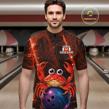 Load image into Gallery viewer, Man wearing a bowling shirt with a red crab design on a bowling alley.