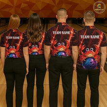 Load image into Gallery viewer, Four people wearing bowling shirts with a red crab design on a bowling alley.