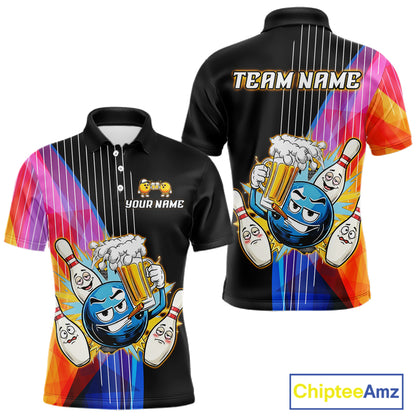 Colorful bowling-themed polo shirt with cartoon characters and 'Team Name' text on a white background.