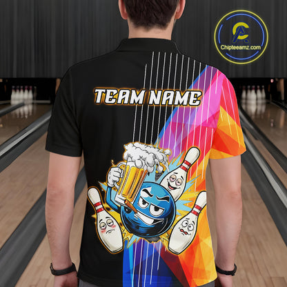 Person wearing a colorful bowling-themed shirt with 'Team Name' text in a bowling alley.