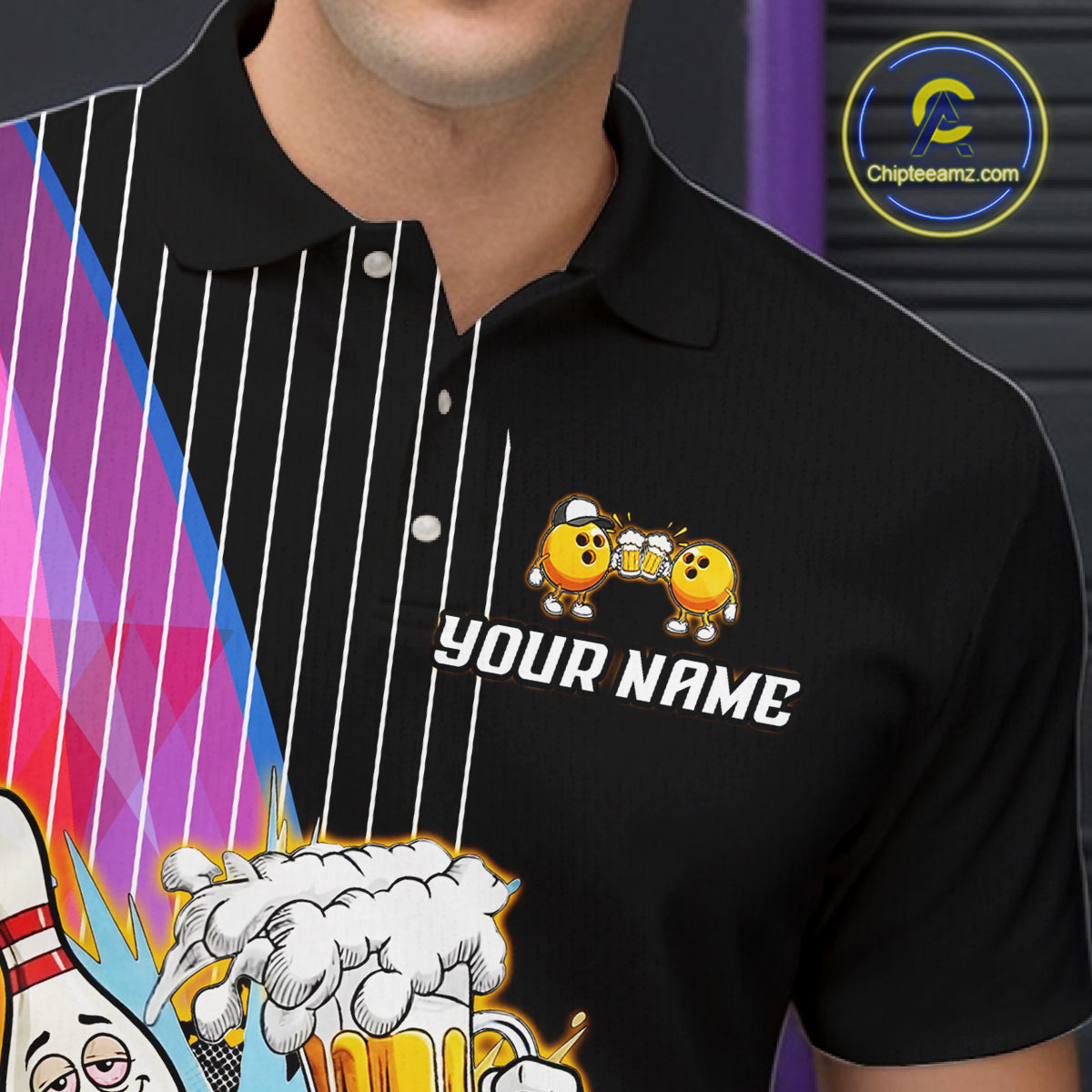 Black polo shirt with cartoon characters and 'Your Name' text on a colorful background