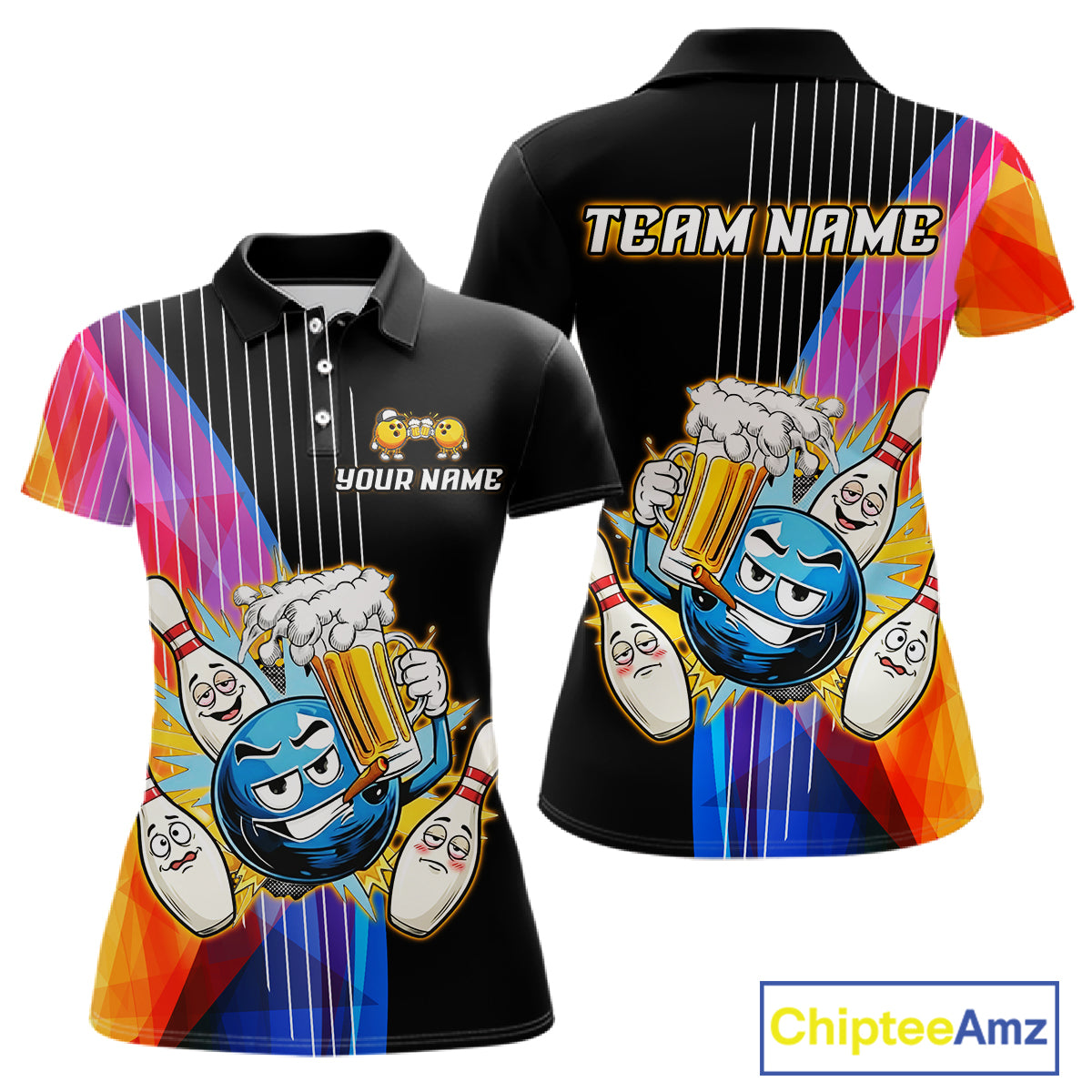 Colorful bowling-themed polo shirt with cartoon characters and 'Team Name' text on a white background.