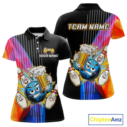 Colorful bowling-themed polo shirt with cartoon characters and 'Team Name' text on a white background.