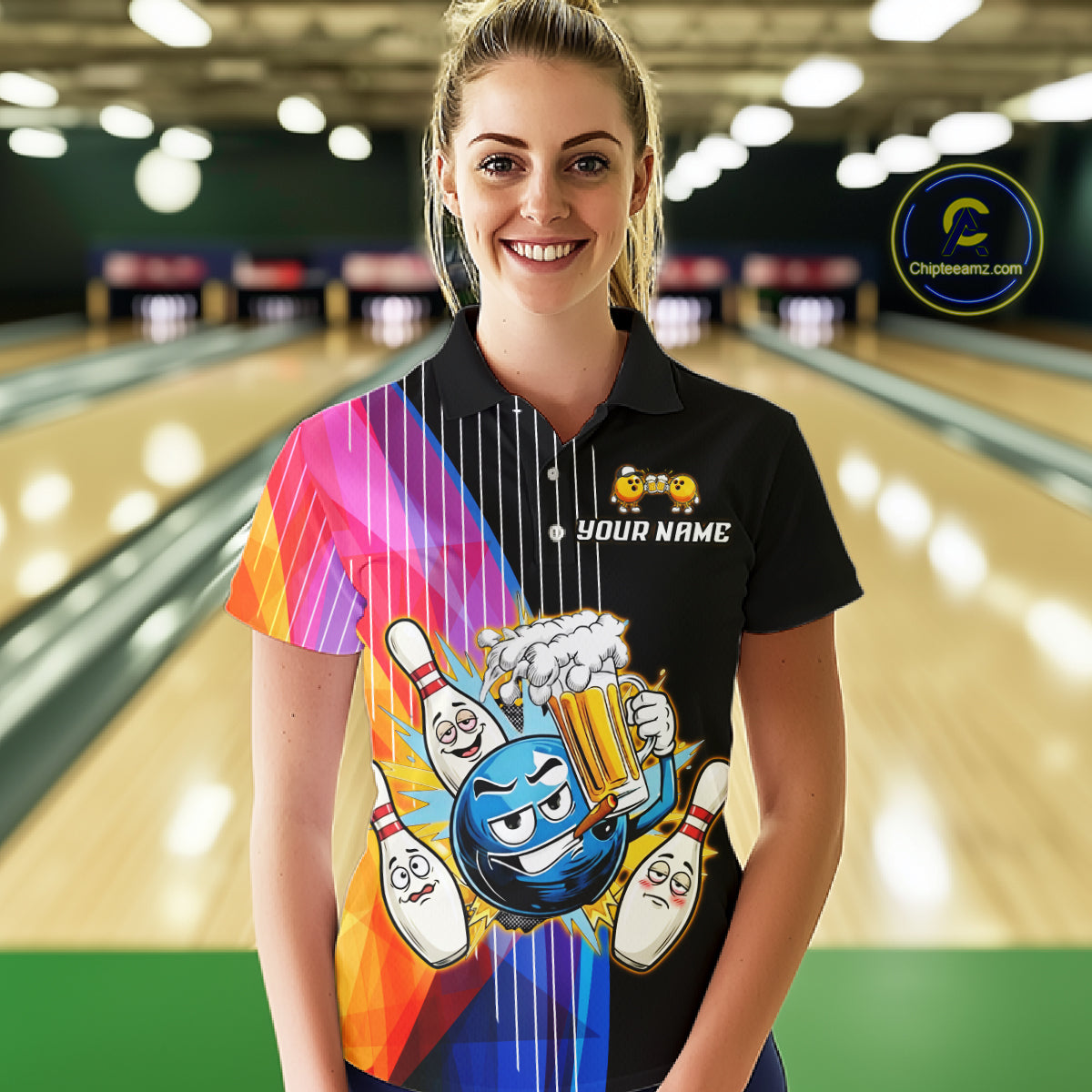 Person wearing a colorful bowling-themed shirt with a black shirt underneath in a bowling alley.