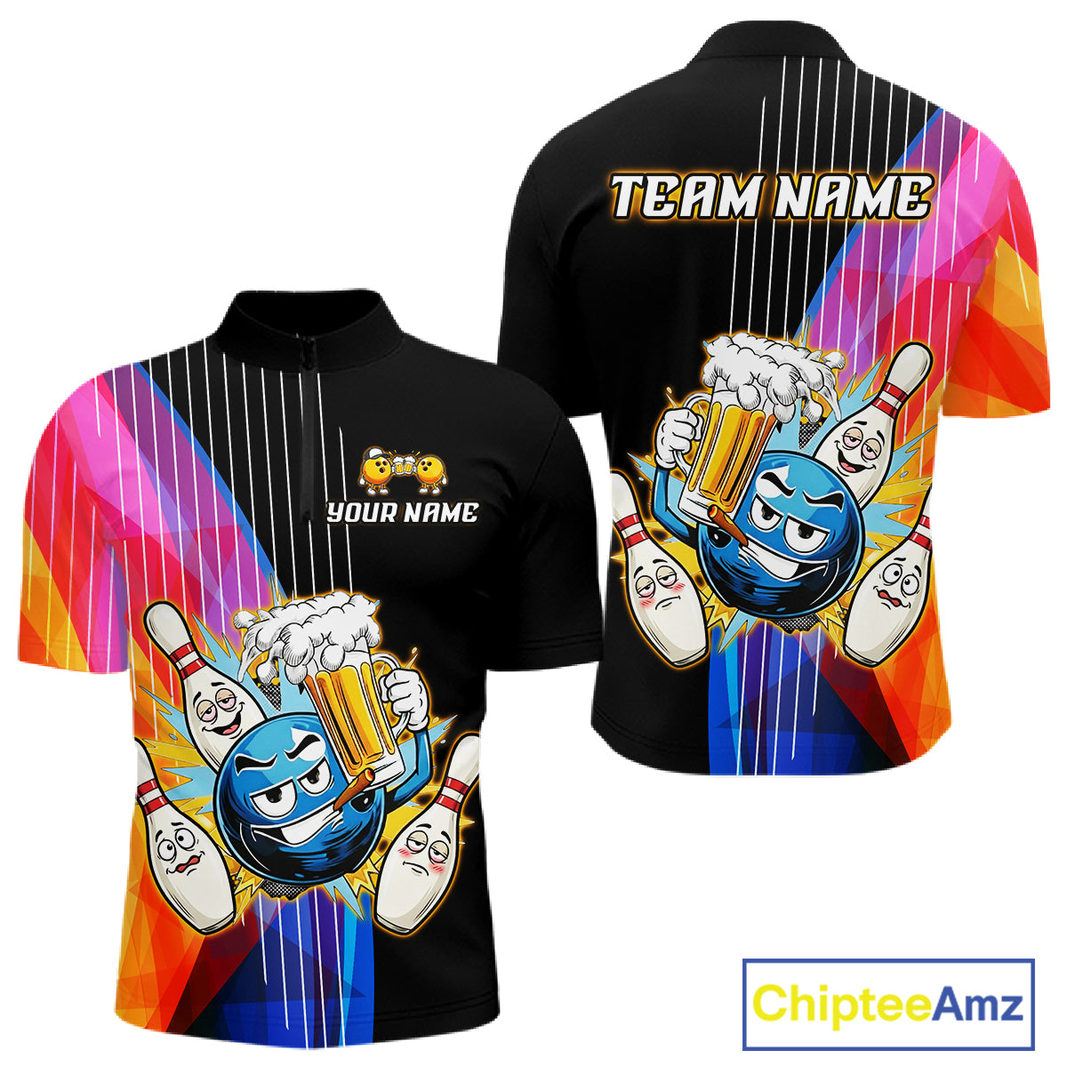 Colorful bowling-themed shirt with cartoon characters and 'Team Name' text on a white background.