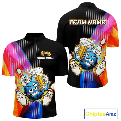 Colorful bowling-themed shirt with cartoon characters and 'Team Name' text on a white background.