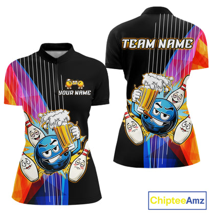 Colorful bowling-themed shirts with cartoon characters and 'Team Name' text on a white background.