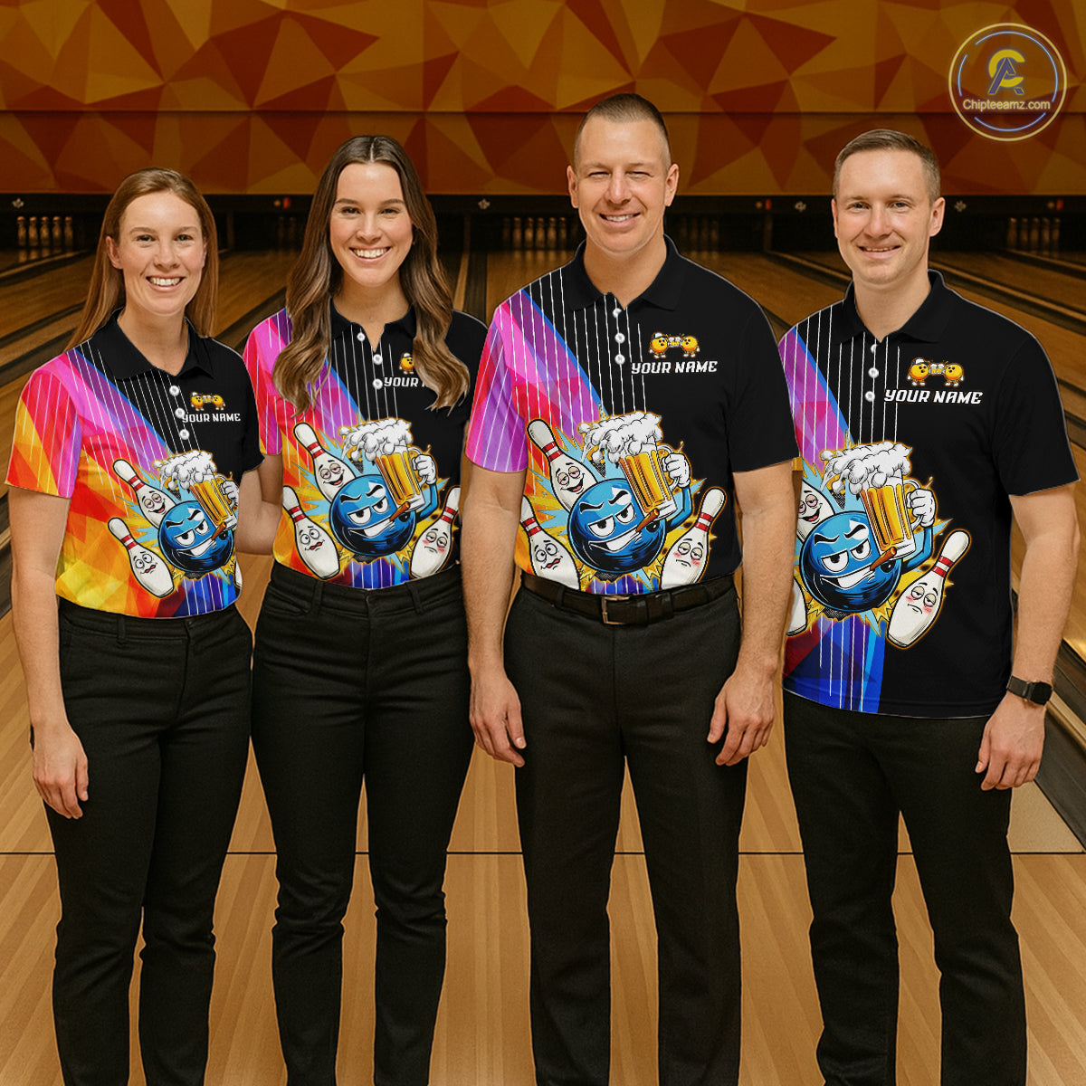 Four people wearing colorful bowling shirts with a bowling-themed design on a bowling alley.