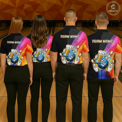 Four people wearing matching colorful bowling shirts with team name on a bowling alley.