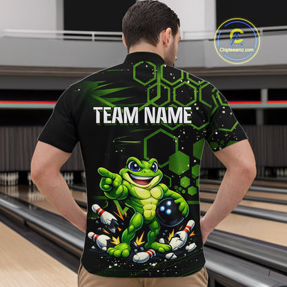 Custom Funny Green Frog Bowling Team Jersey Ugly Bowling Shirt for Men Polo & Quarter-Zip QZT844