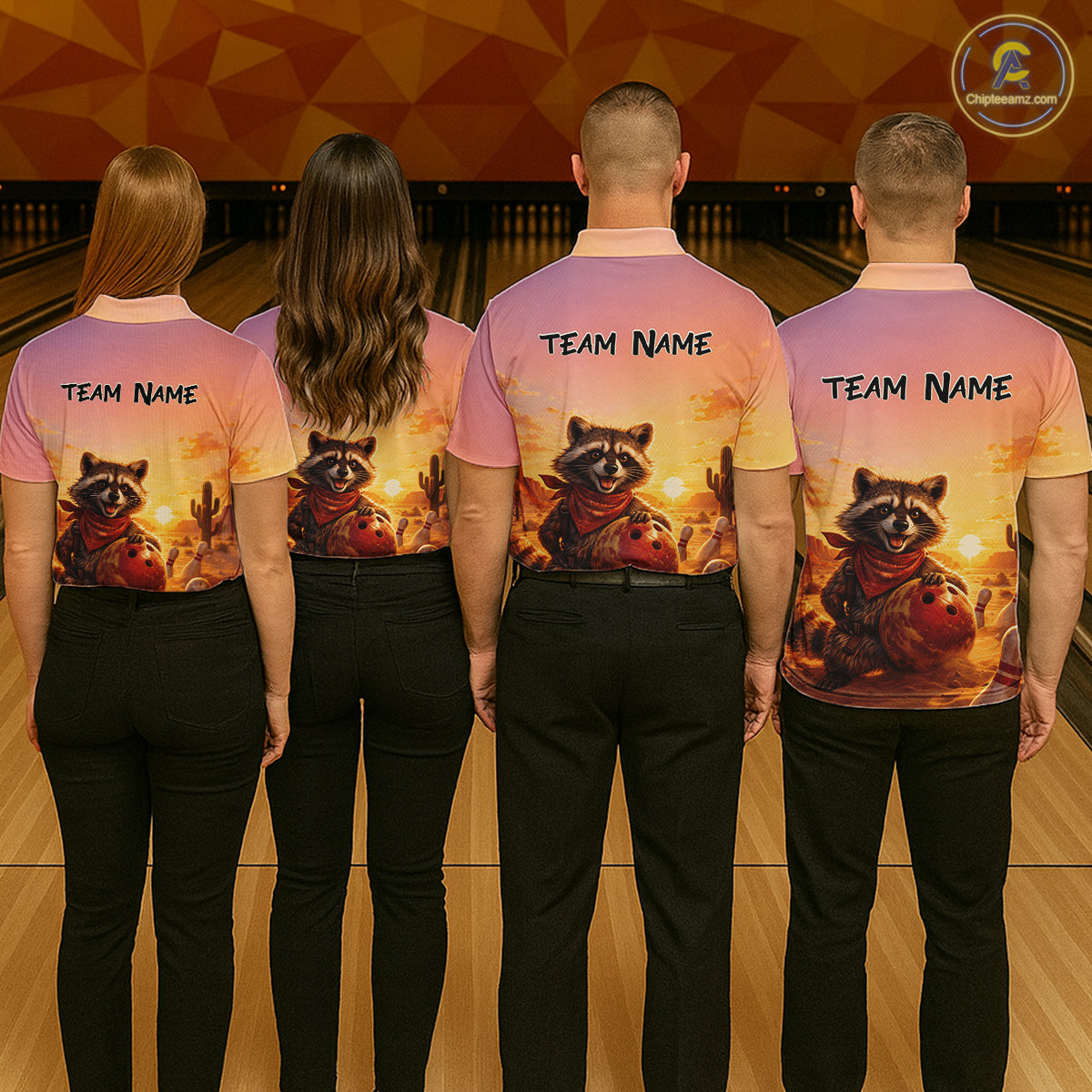 Custom Sunset Raccoon Bowling Team Shirt for Men Bowling Jesey Polo & Quarter-Zip Bowling Outfit QZT977