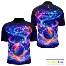 Load image into Gallery viewer, Colorful bowling-themed shirt with space design on a white background, featuring 'Team Name' and 'Your Name' text.