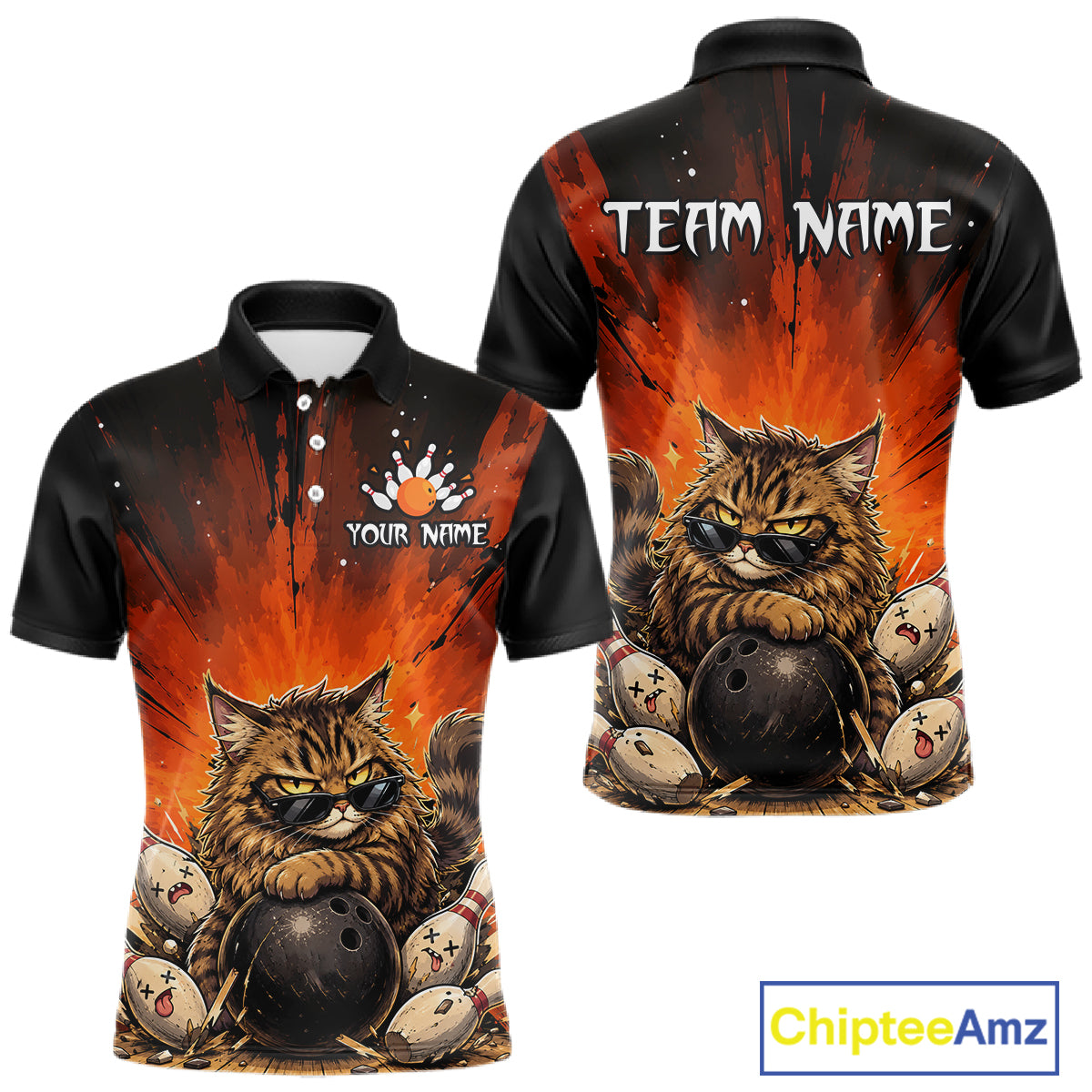 Polo shirt with a cat bowling design on the front and back, featuring 'Team Name' text.