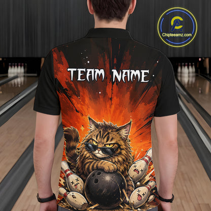 Person wearing a black bowling shirt with a cat design and 'Team Name' text in a bowling alley.