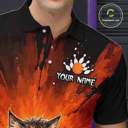 Person wearing a black and orange bowling shirt with a design and 'Your Name' text.