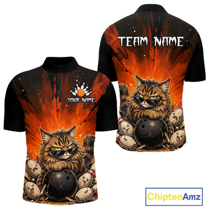 Bowling shirt with a cat design and customizable text on a white background