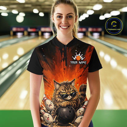 Custom Orange Funny Cat Bowling Team Shirt for Women Bowling League Jersey Outfit QZT1127