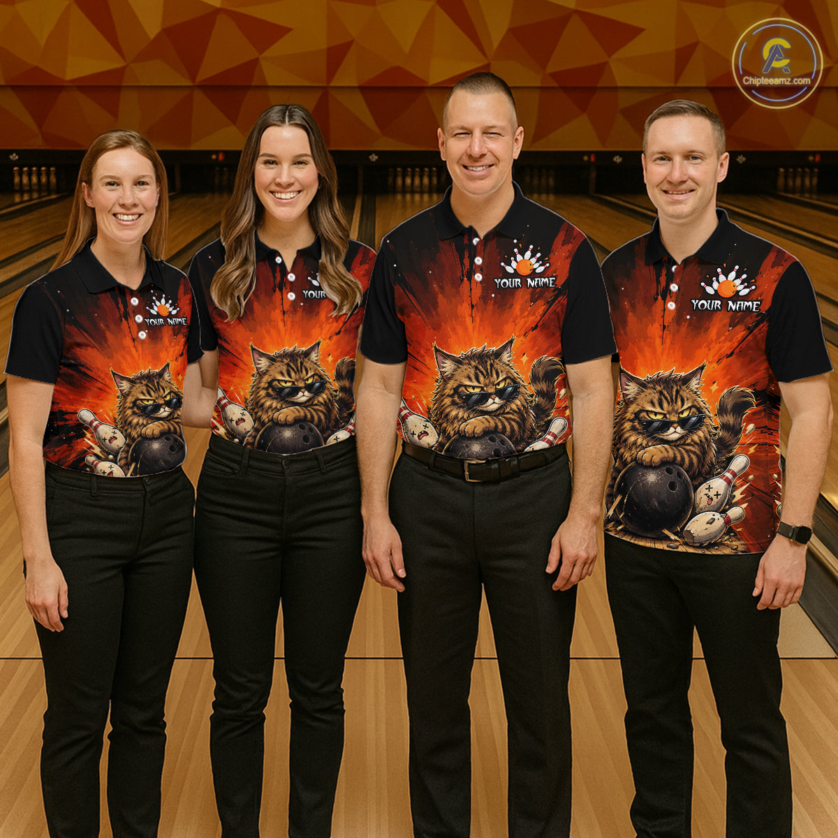 Four people wearing matching bowling shirts with a cat design on a bowling alley.