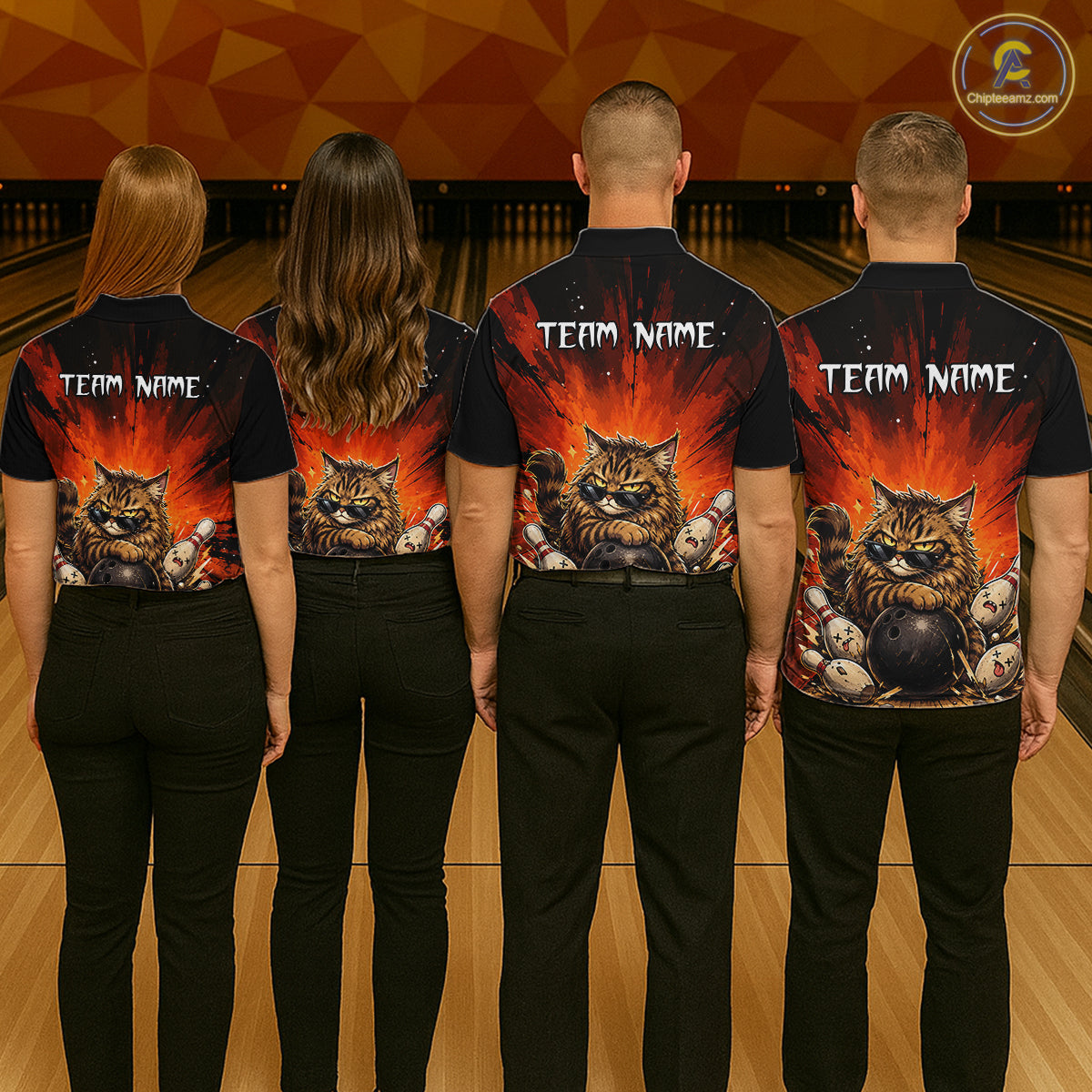 Four people wearing bowling shirts with a cat design and 'Team Name' text on a bowling alley.