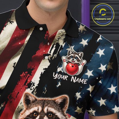 Shirt with raccoon design and American flag pattern, featuring a logo in the corner.
