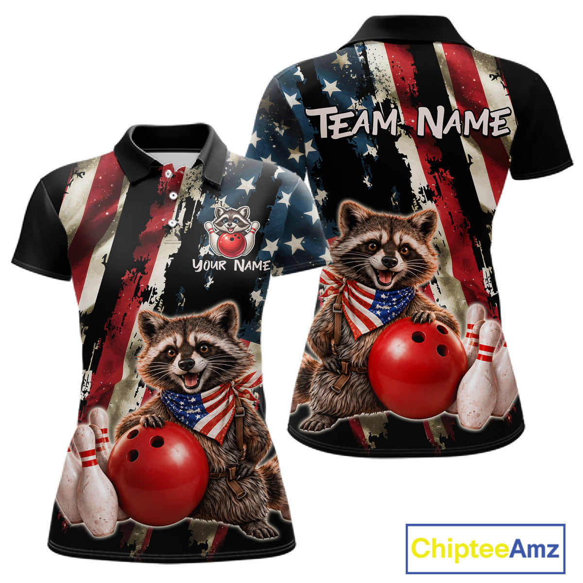Polo shirt with raccoon design and American flag pattern, featuring 'Team Name' text.