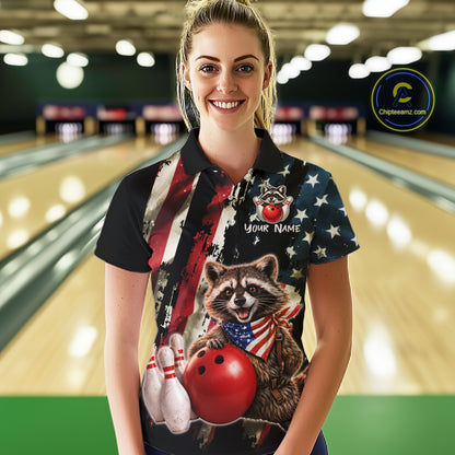 Woman wearing a colorful bowling shirt with a raccoon design in a bowling alley.