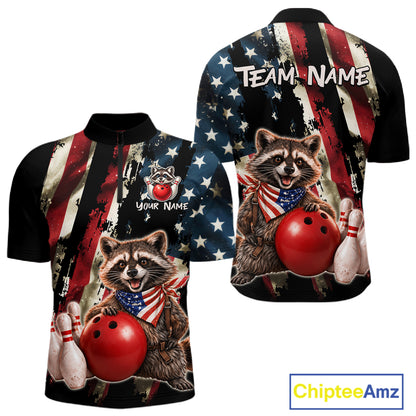 Bowling jersey with raccoon design and American flag pattern, featuring 'Chiptee Amz' branding.