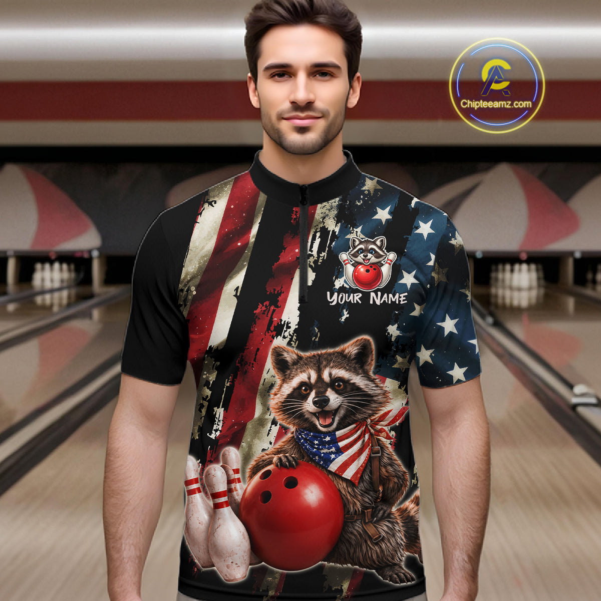 Man wearing a bowling-themed shirt with raccoon design in a bowling alley.