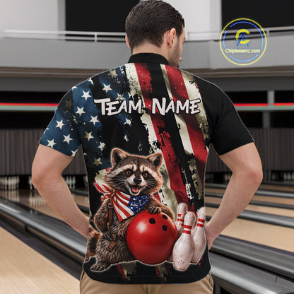 Person wearing a bowling-themed shirt with a raccoon holding a bowling ball and shoes in a bowling alley.